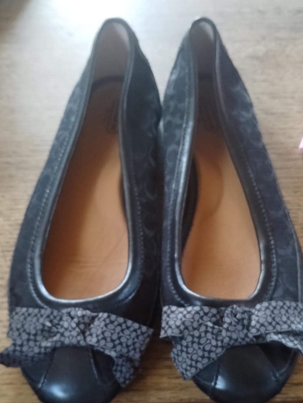 Coach Black Signature Logo Ballet Flats with Patterned Bow